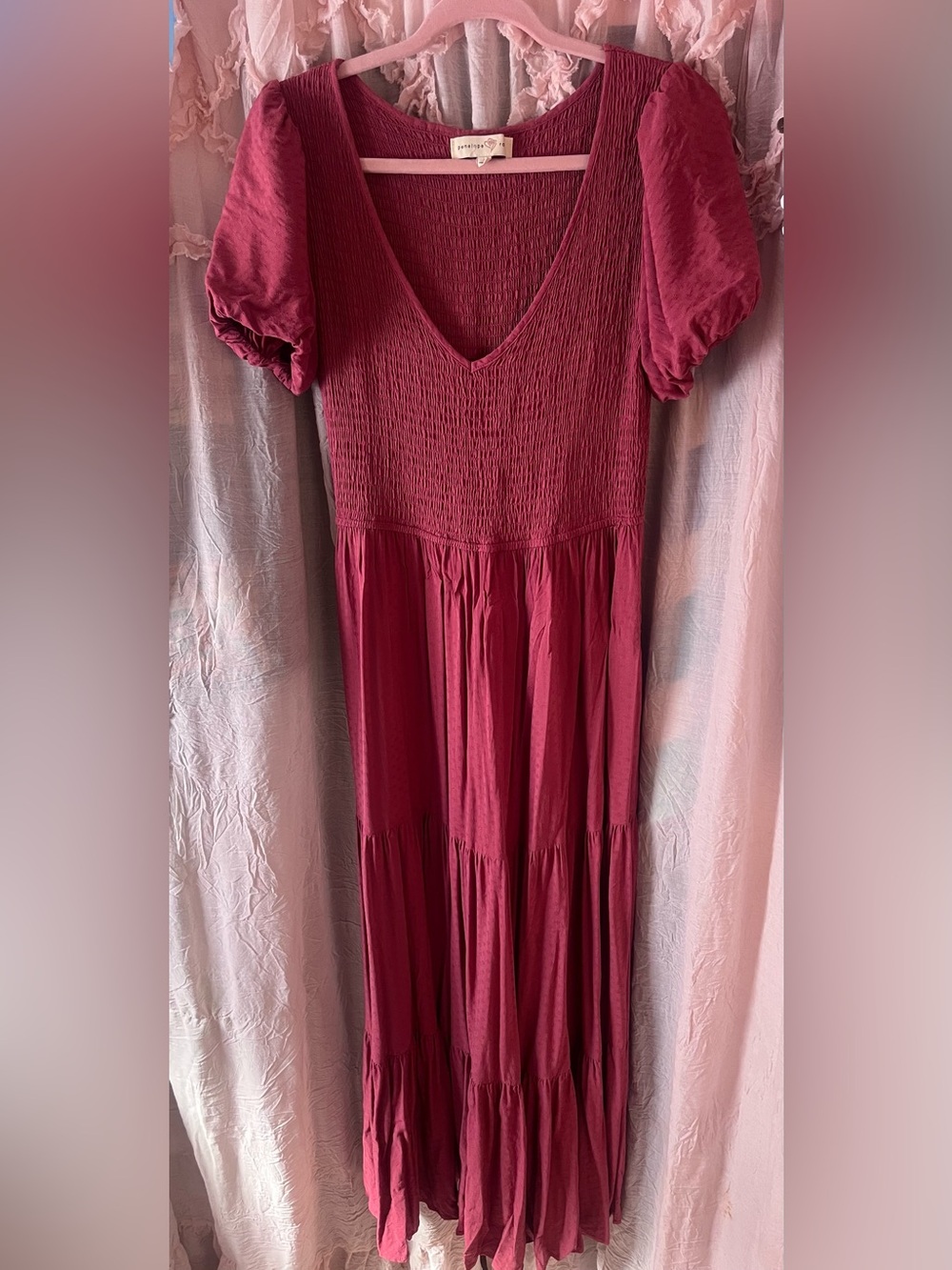 Penelope Rose Smocked V-Neck Puff Sleeve Maxi Dress in Deep mauve